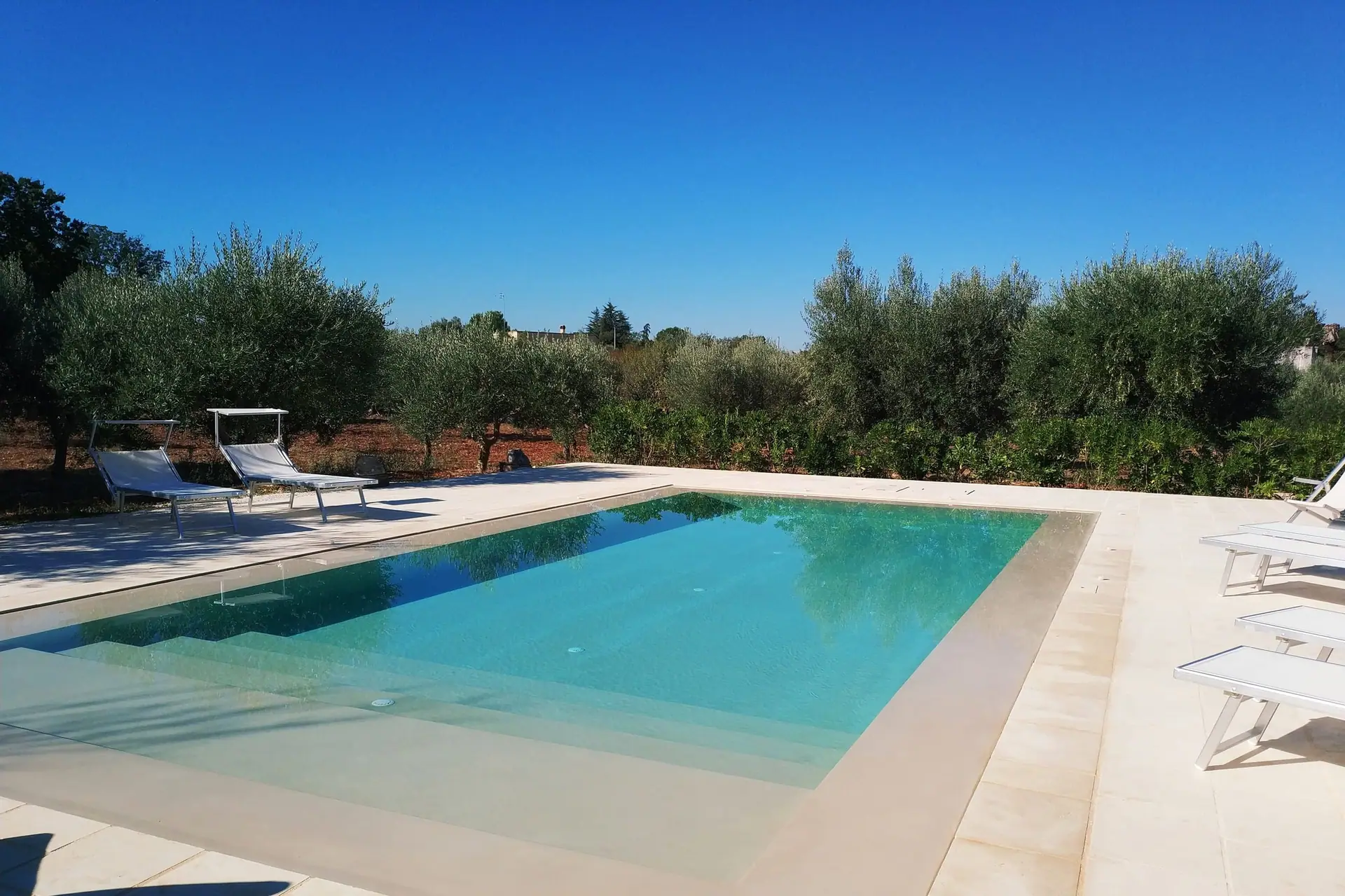 La piscine à débordement d'eau salée, au ras de l'eau sous les oliviers